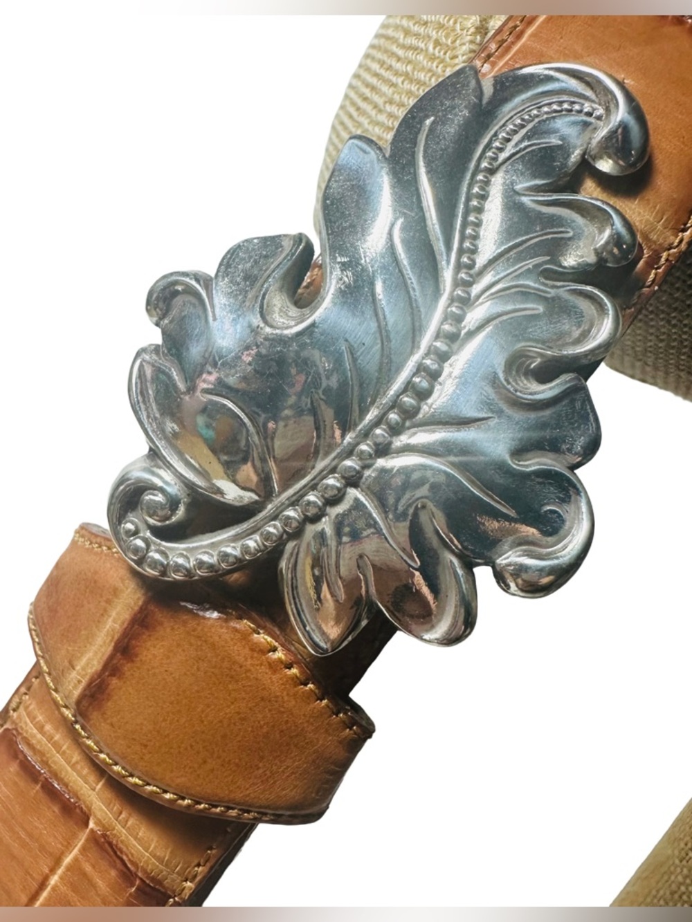 Coldwater Creek Leaf Belt 94940 Brown Tan Embossed Leather Silver Tone L Large